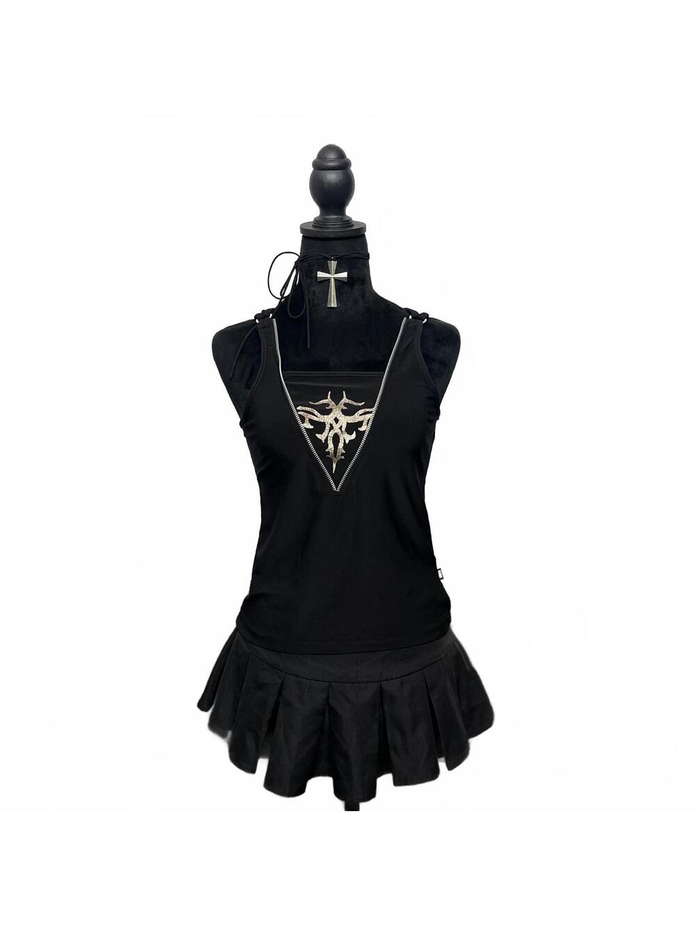 Y2K HKR Sz L Black Tank Top W Tribal Glitter Print & Zipper Detail Goth Punk Emo